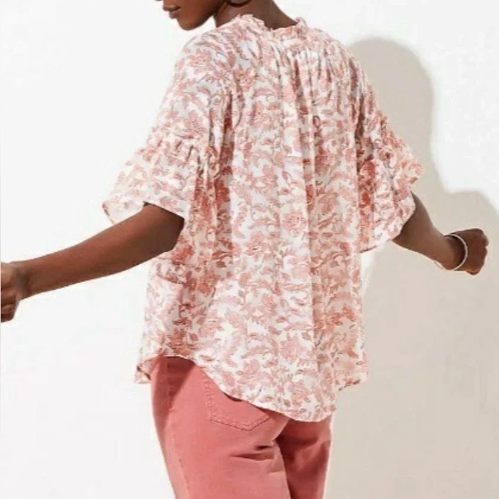 Loft floral coral ruffle cuff top, XSM - Picture 3 of 10